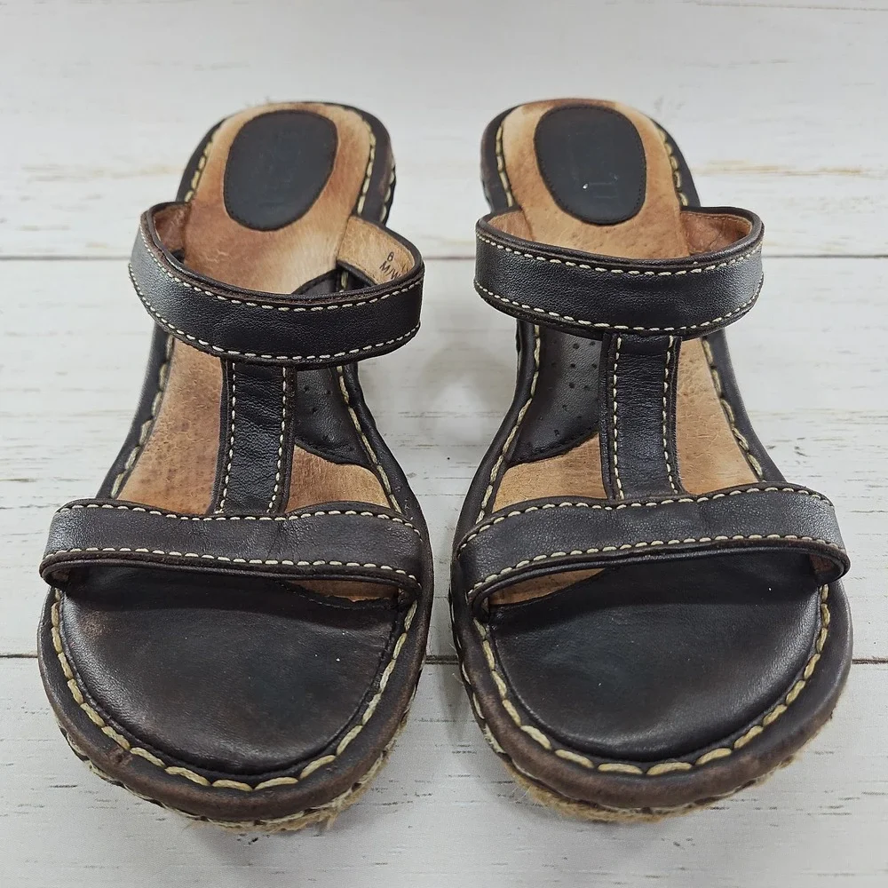 Born Womens 6 36.5 Wedge Heel Sandals Shoes Brown Leather Jute Espadrilles Heels